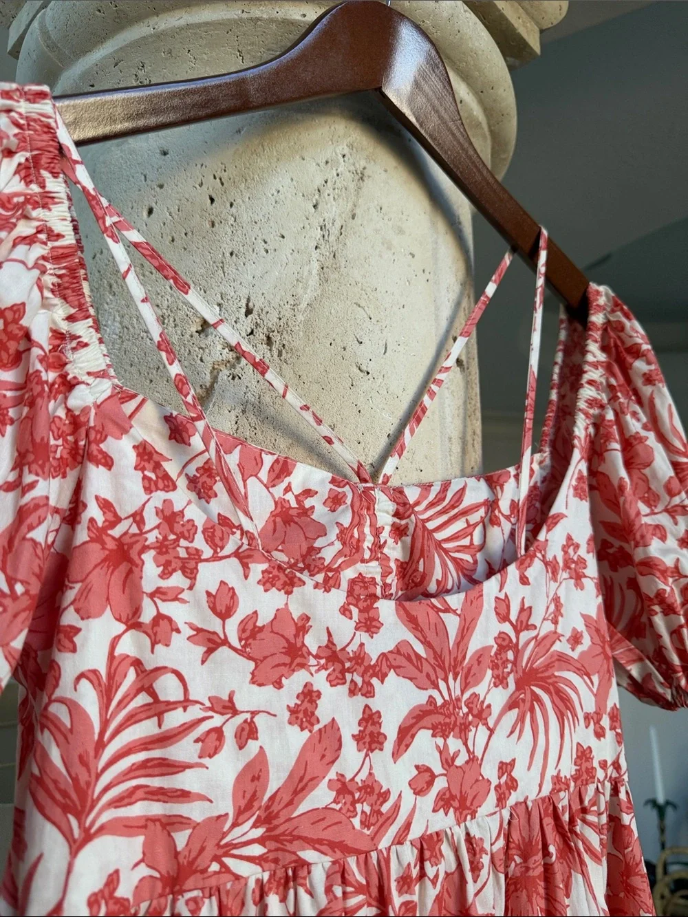 Aqua Coral and Creme White Floral Cotton Maxi Dress with Puff Sleeves Sz Small